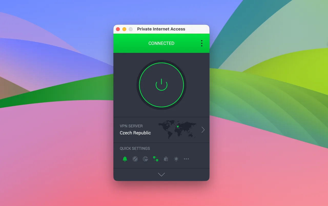 Application Private Internet Access pour Mac connectée à un serveur en Tchéquie