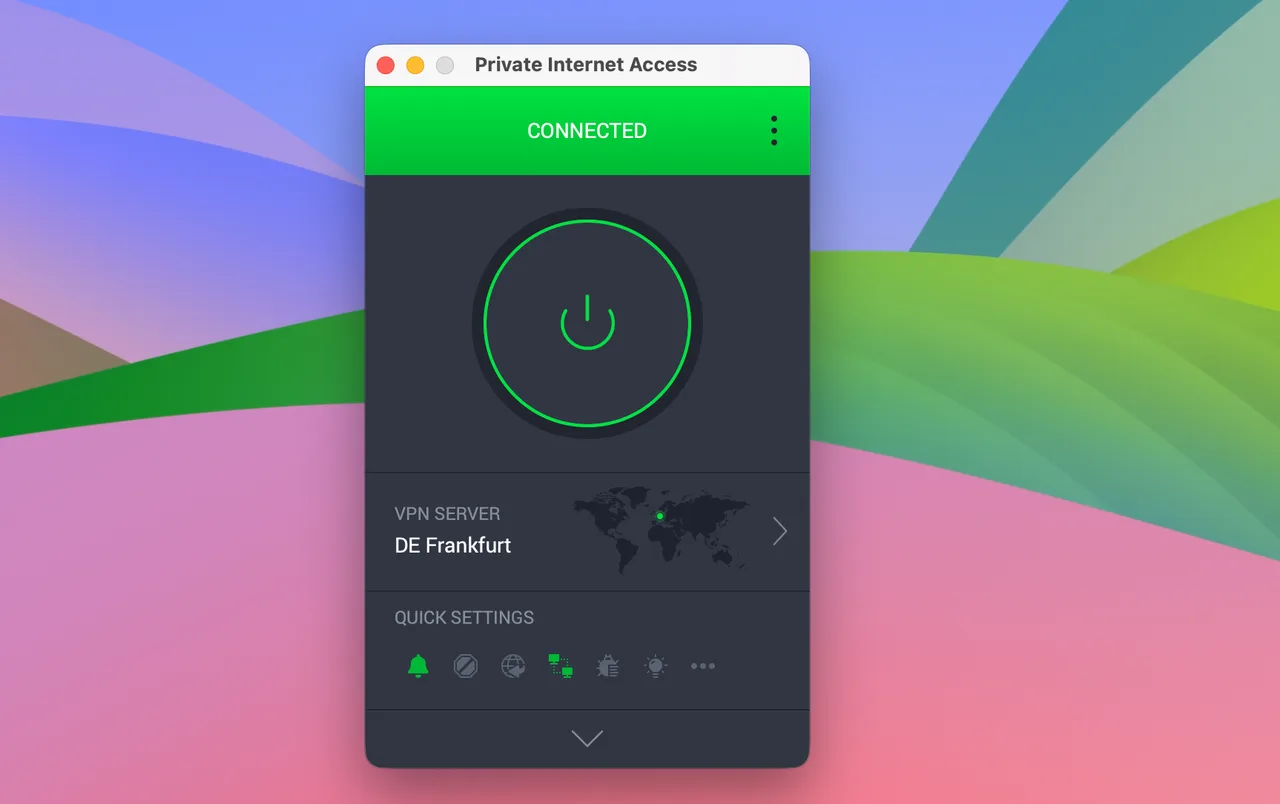 Application Private Internet Access pour Mac connectée à Francfort, en Allemagne