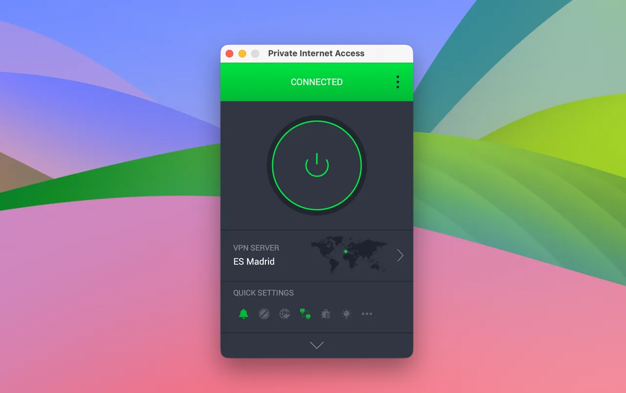 Application Private Internet Access pour Mac connectée à Madrid, en Espagne