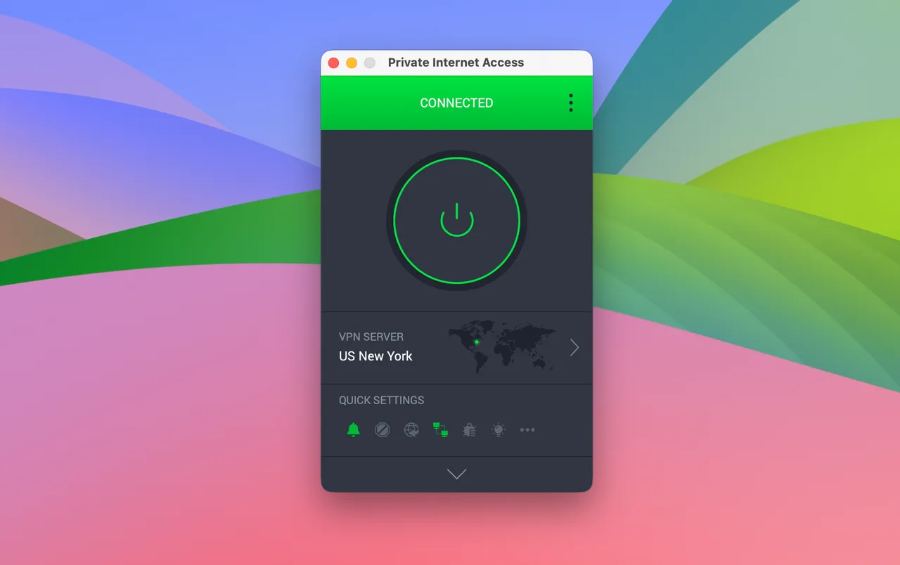 Application Private Internet Access pour Mac connectée à New York, aux États-Unis