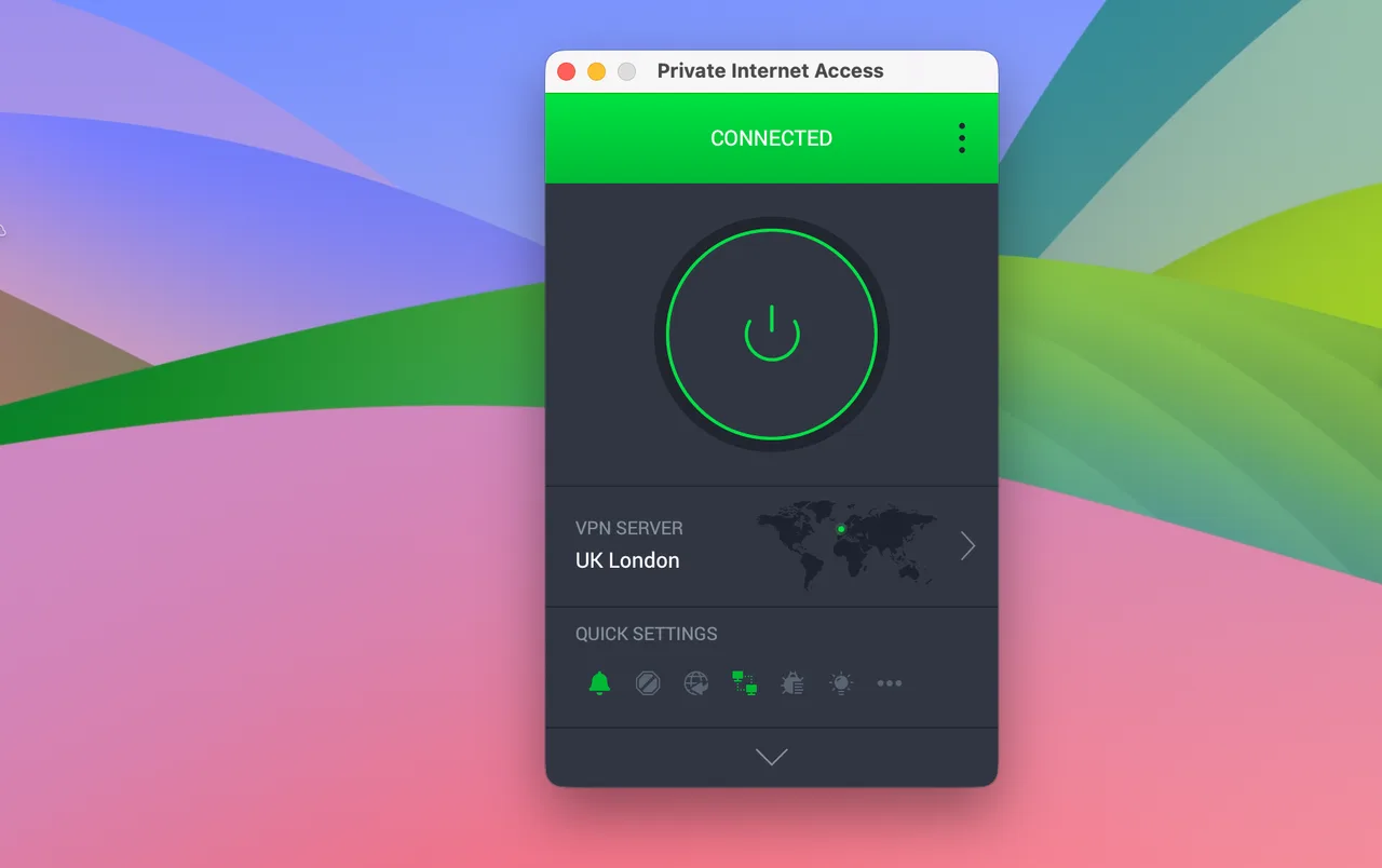 Application Private Internet Access pour Mac connectée à un serveur à Londres, au Royaume-Uni