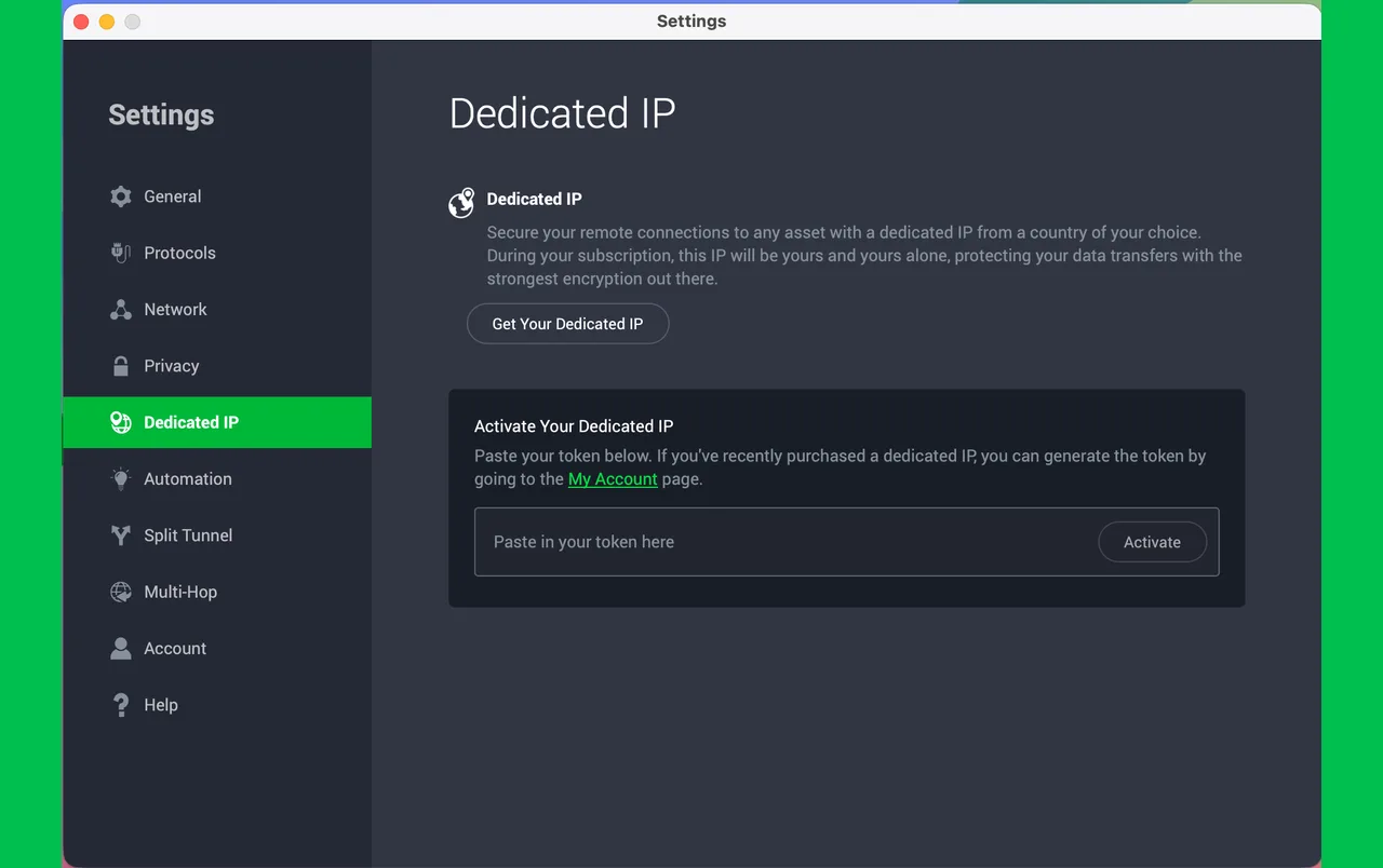 Application Private Internet Access pour Mac avec les réglages de la Dedicated IP