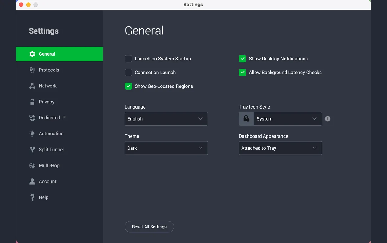 Application Private Internet Access pour Mac avec les réglages généraux