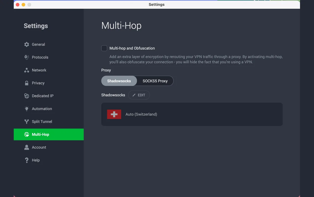 Application Private Internet Access pour Mac avec le Multi-Hop et l’obfuscation Shadowsocks