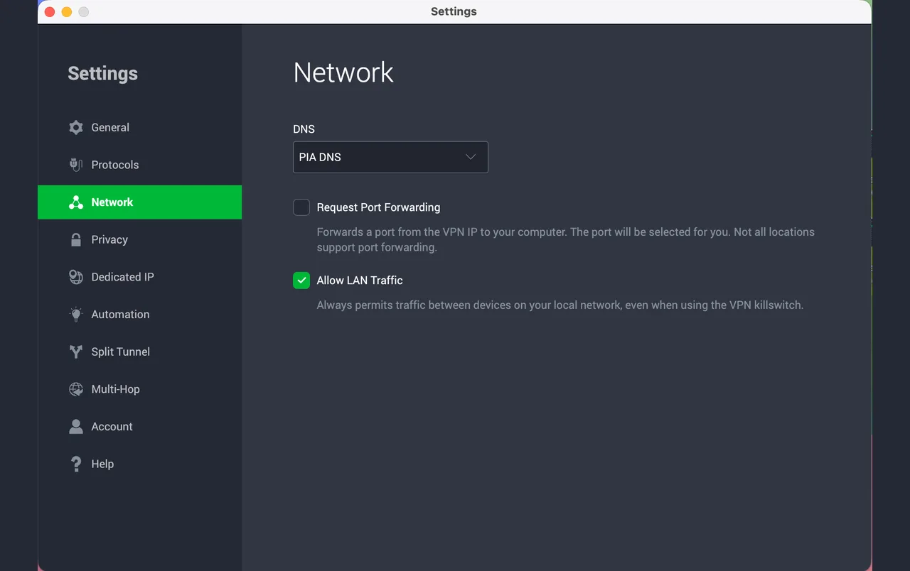 Application Private Internet Access pour Mac avec les réglages réseau, le PIA DNS et la redirection de port