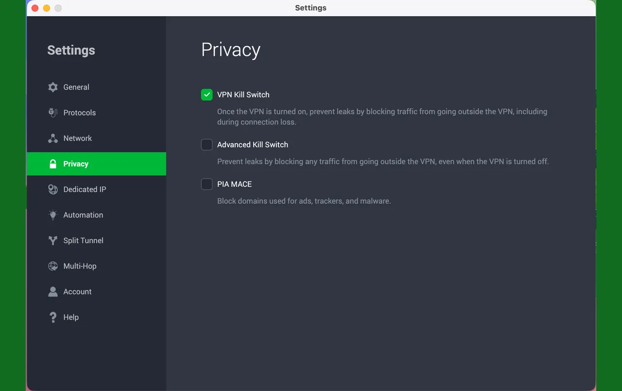 Application Private Internet Access pour Mac avec les réglages de confidentialité, le Kill Switch et PIA MACE
