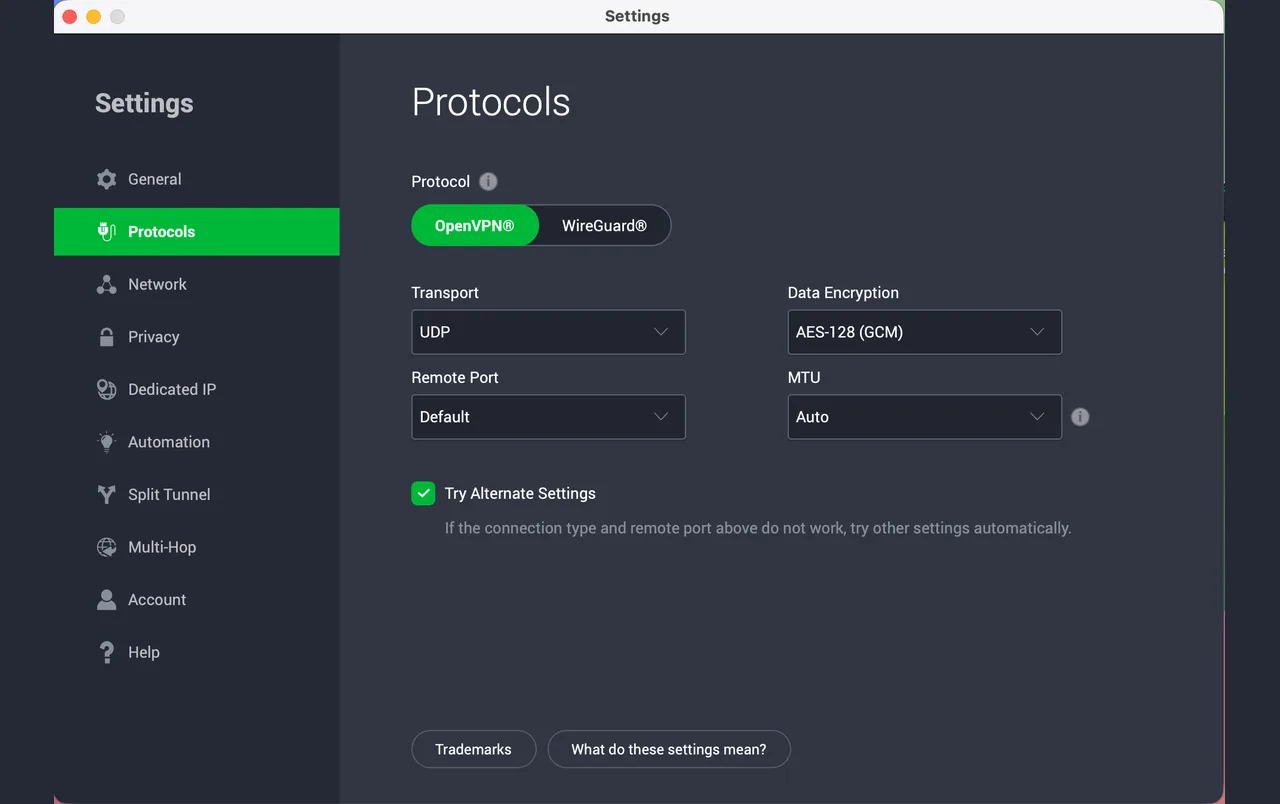 Application Private Internet Access pour Mac avec les réglages de protocole OpenVPN et WireGuard