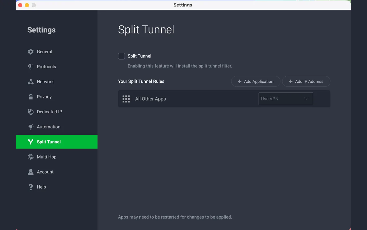 Application Private Internet Access pour Mac avec les réglages du Split Tunnel
