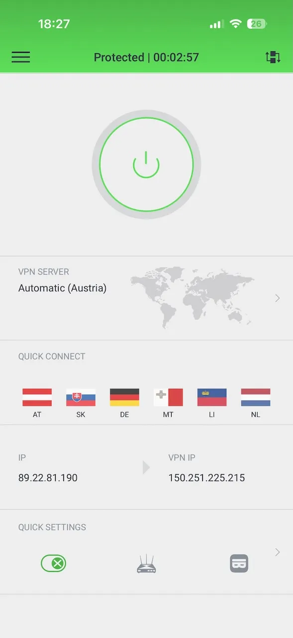 Application Private Internet Access pour iPhone connectée à un serveur automatique en Autriche