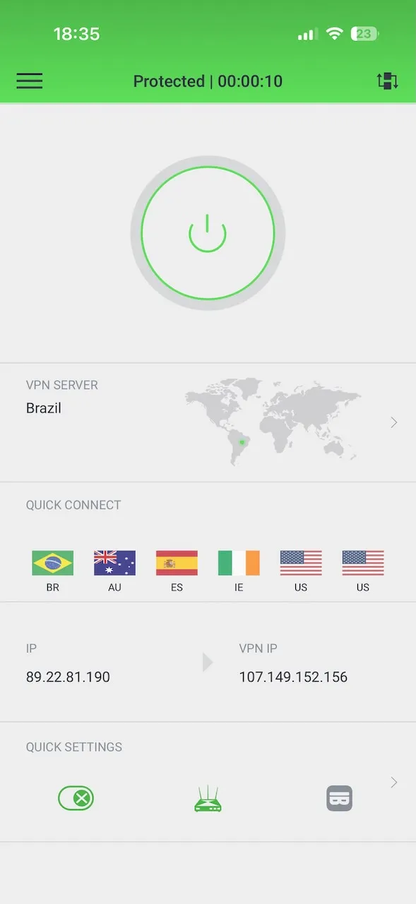 Application Private Internet Access pour iPhone connectée à un serveur au Brésil