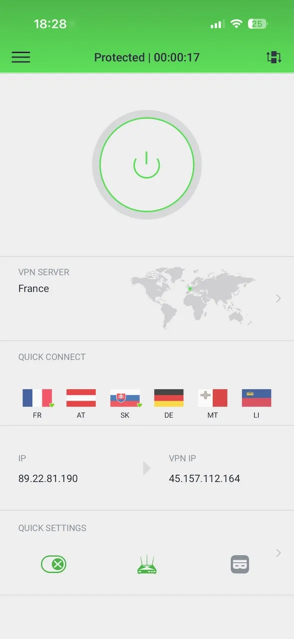 Application Private Internet Access pour iPhone connectée à un serveur en France
