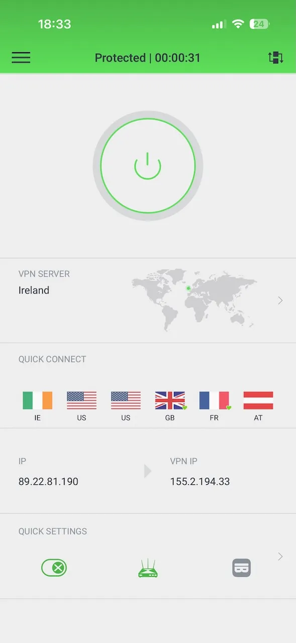 Application Private Internet Access pour iPhone connectée à un serveur en Irlande