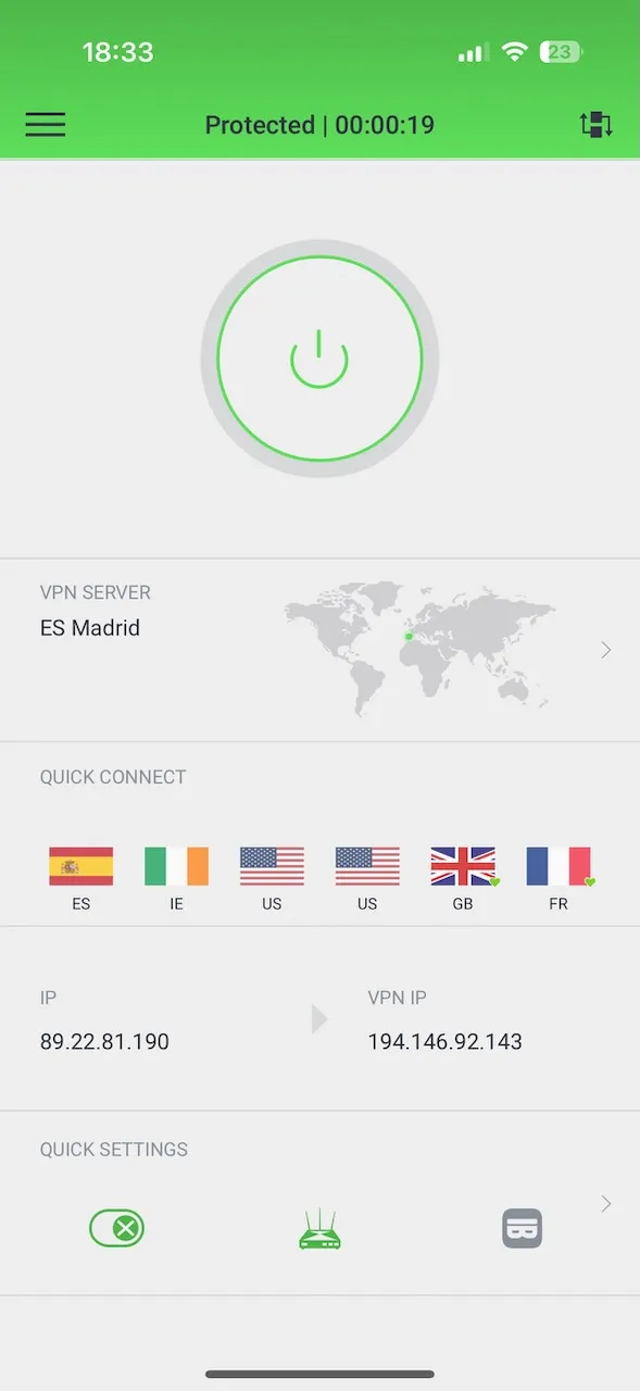 Application Private Internet Access pour iPhone connectée à un serveur à Madrid, en Espagne