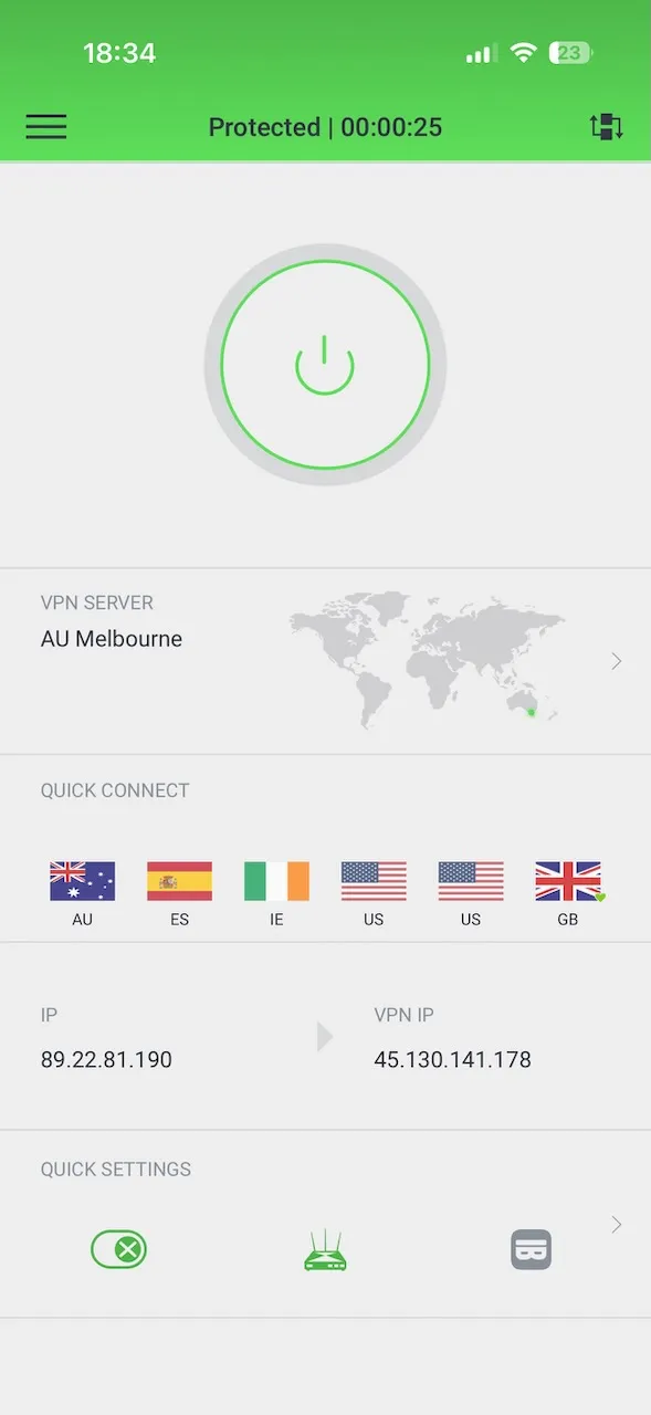 Application Private Internet Access pour iPhone connectée à Melbourne, en Australie