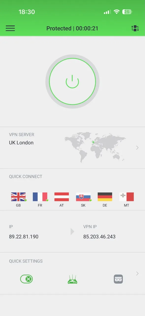 Application Private Internet Access pour iPhone connectée à un serveur à Londres, au Royaume-Uni