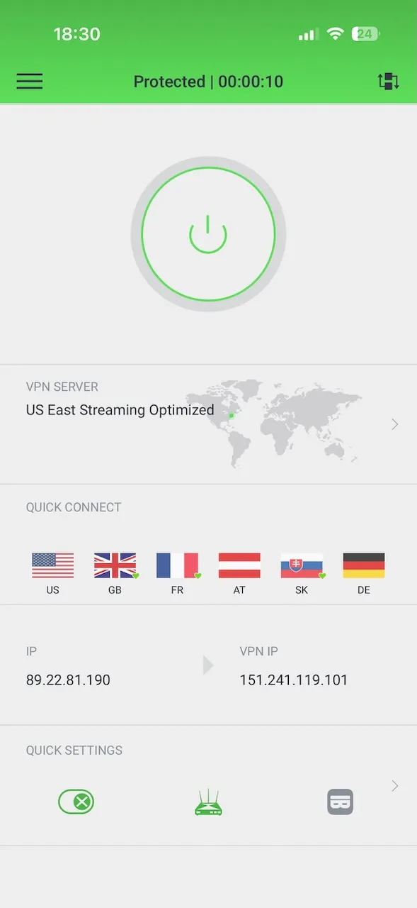 Application Private Internet Access pour iPhone connectée à un serveur optimisé pour le streaming dans l’est des États-Unis