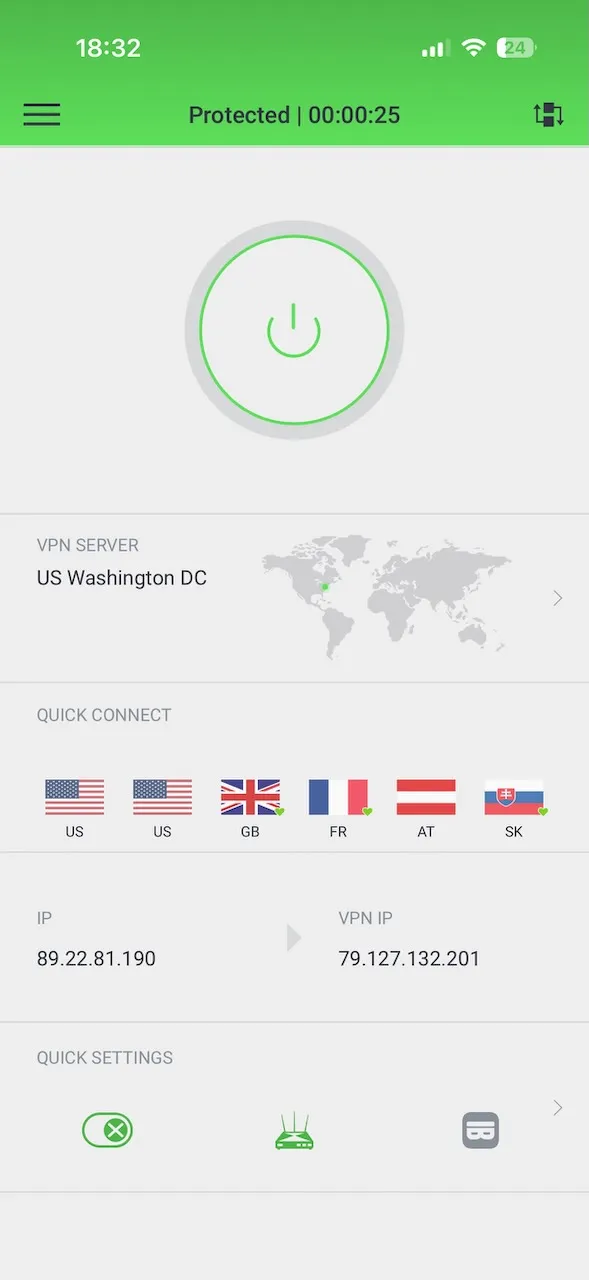 Application Private Internet Access pour iPhone connectée à Washington, D.C. aux États-Unis