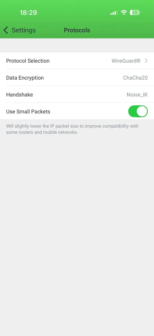 Application Private Internet Access pour iPhone avec le protocole WireGuard et le chiffrement ChaCha20