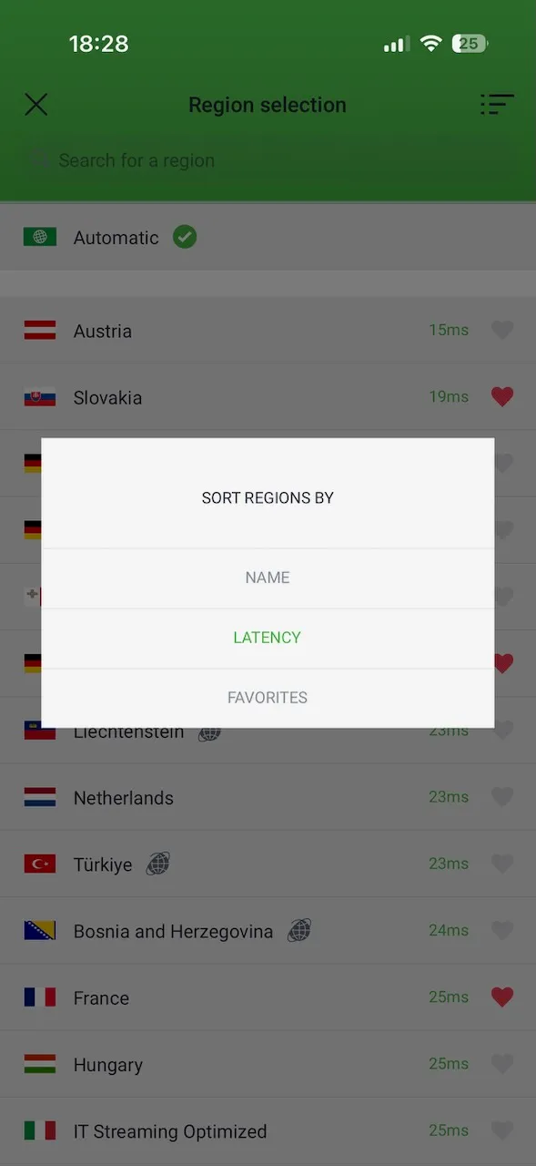 Application Private Internet Access pour iPhone avec la liste des régions triée par latence, nom ou favoris