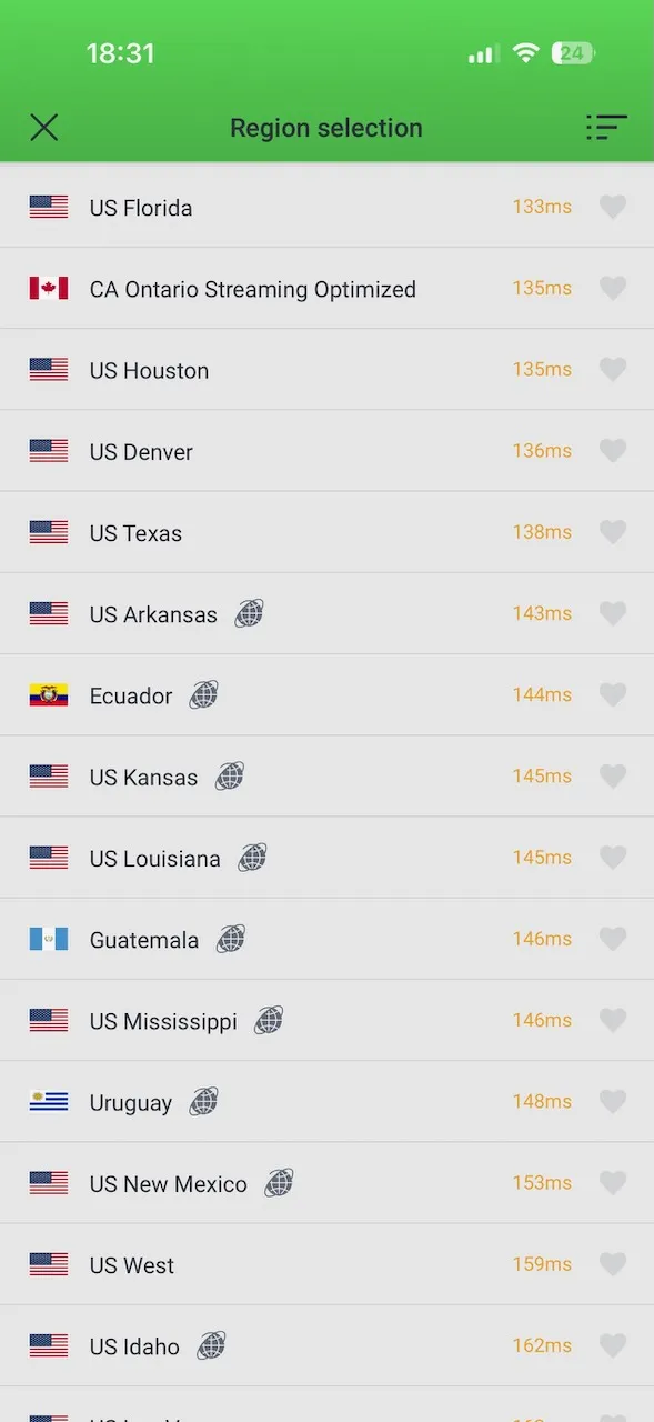 Application Private Internet Access pour iPhone avec une liste de régions des États-Unis