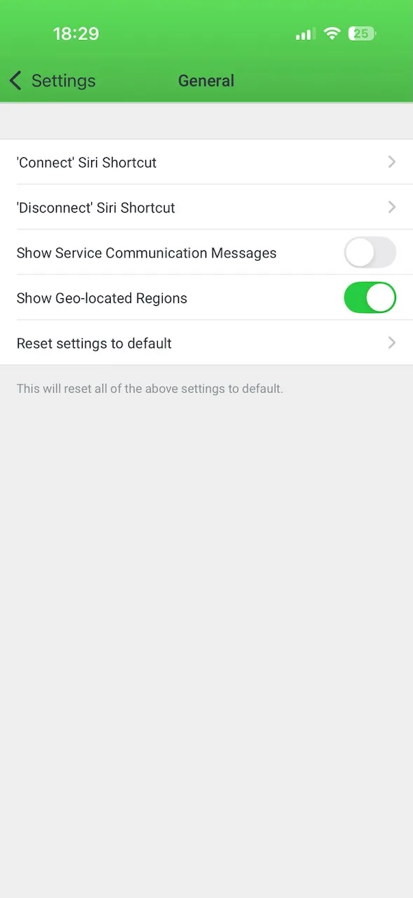 Application Private Internet Access pour iPhone avec les réglages généraux et les raccourcis Siri