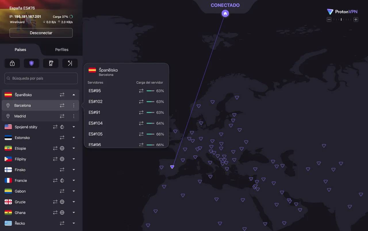 ProtonVPN Mac app connected to a server in Barcelona, Spain