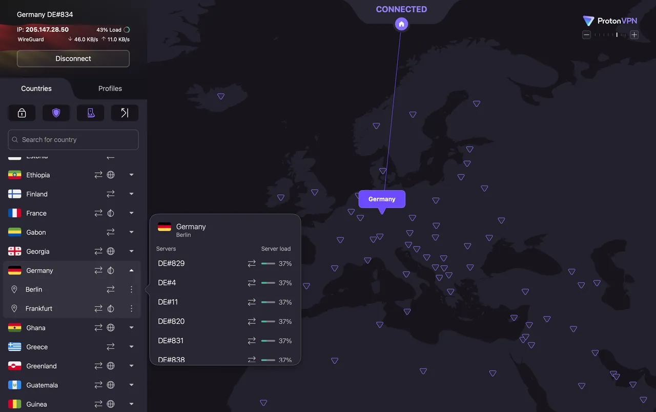 ProtonVPN Mac app connected to a server in Berlin, Germany