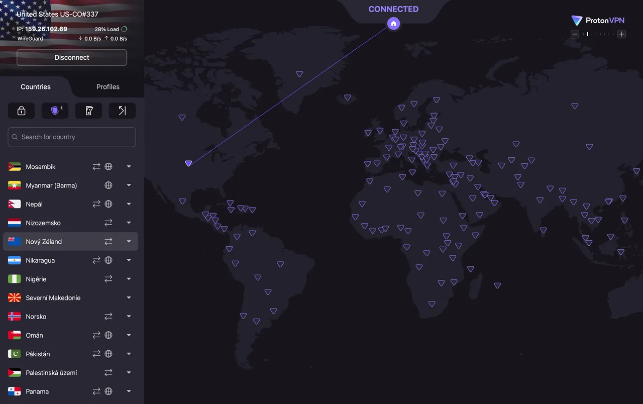 ProtonVPN Mac app connected to a server in Colorado, United States