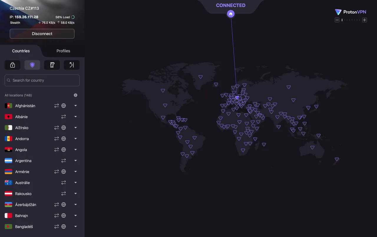 ProtonVPN Mac app connected to a server in Czechia, showing the full list of 148 server locations