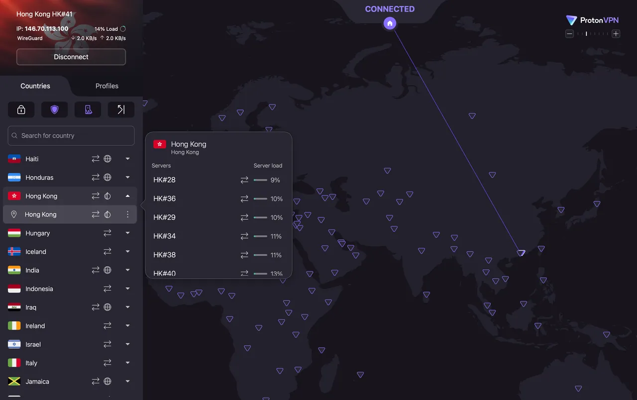 ProtonVPN Mac app connected to a server in Hong Kong