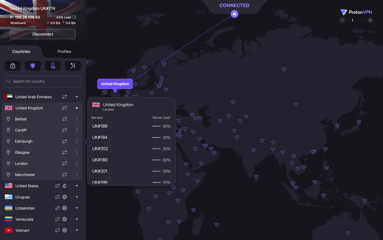 ProtonVPN Mac app connected to a server in London, United Kingdom