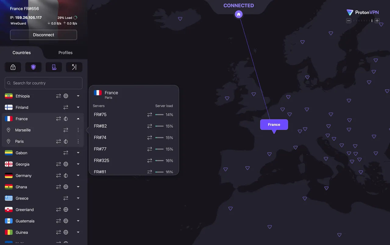ProtonVPN Mac app connected to a server in Paris, France