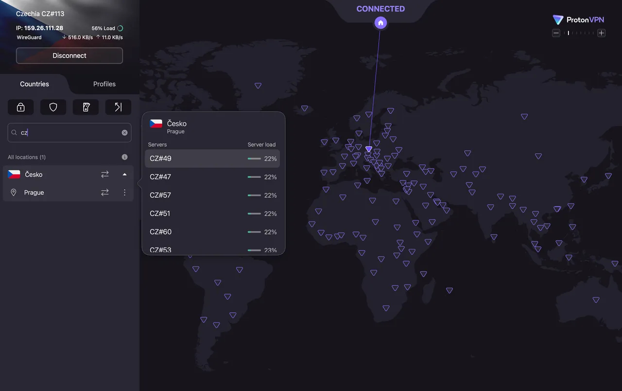 ProtonVPN Mac app connected to a server in Prague, Czechia