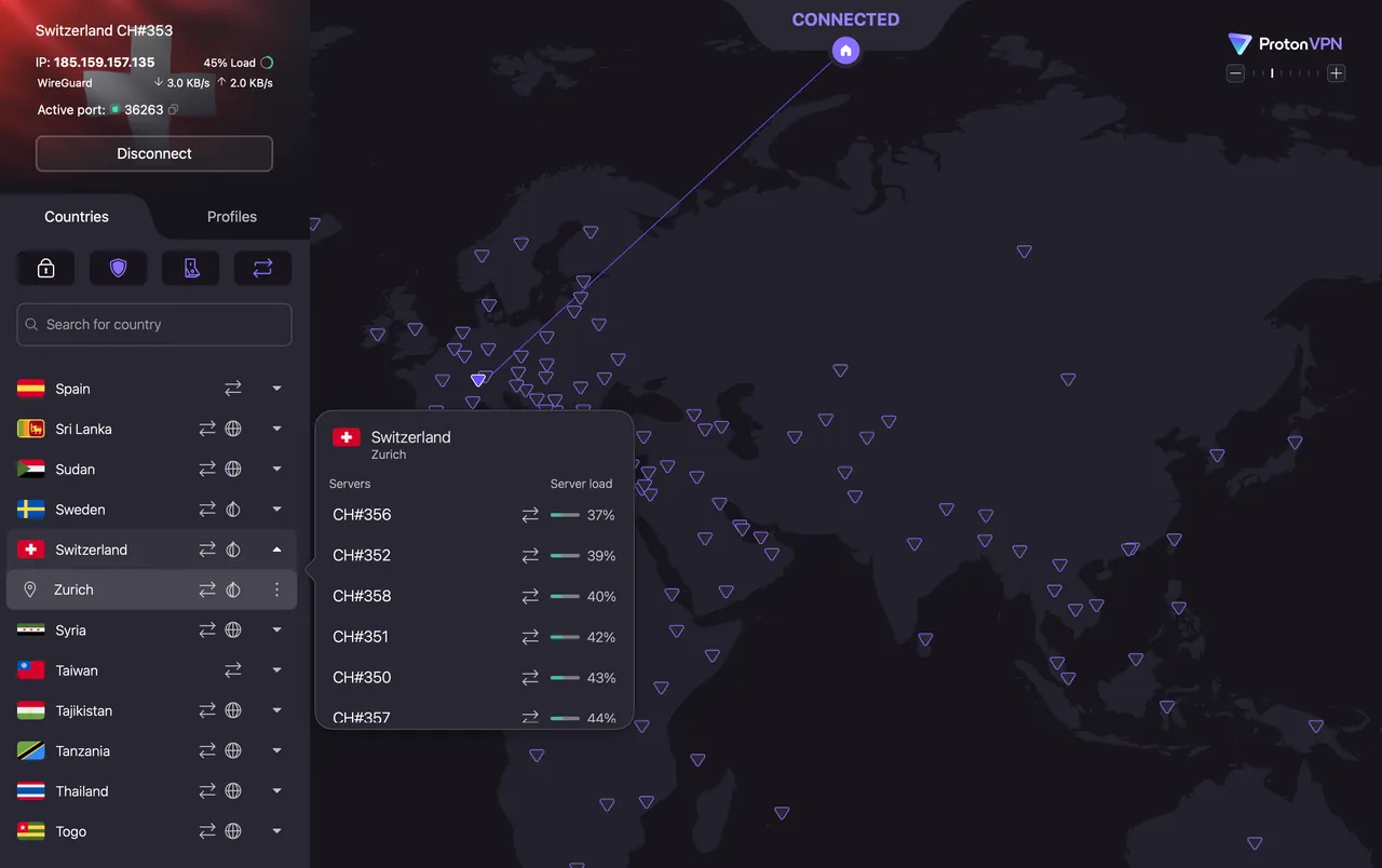 ProtonVPN Mac app connected to a server in Zurich, Switzerland