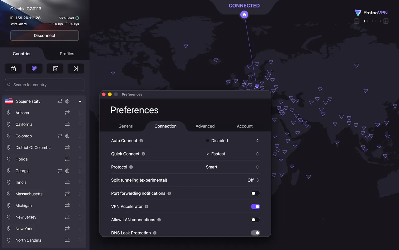ProtonVPN Mac app connection settings with VPN protocol, VPN Accelerator and DNS leak protection