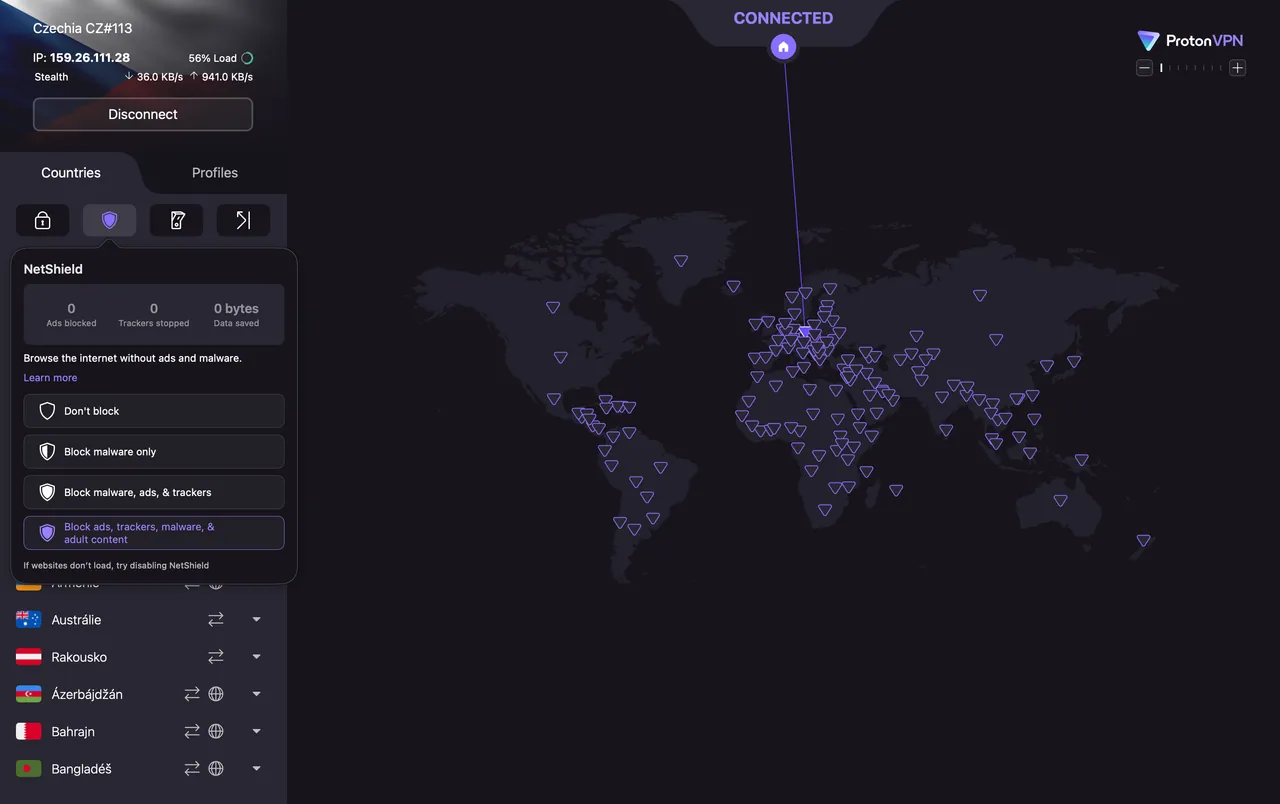 ProtonVPN NetShield on the Mac app, blocking ads, trackers and malware