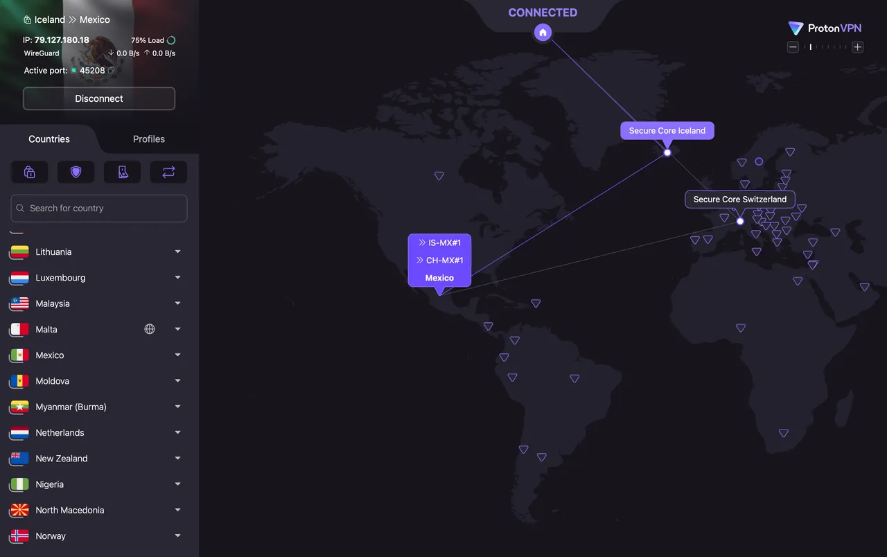 ProtonVPN Secure Core multi-hop on the Mac app, routed through Iceland and Switzerland to Mexico