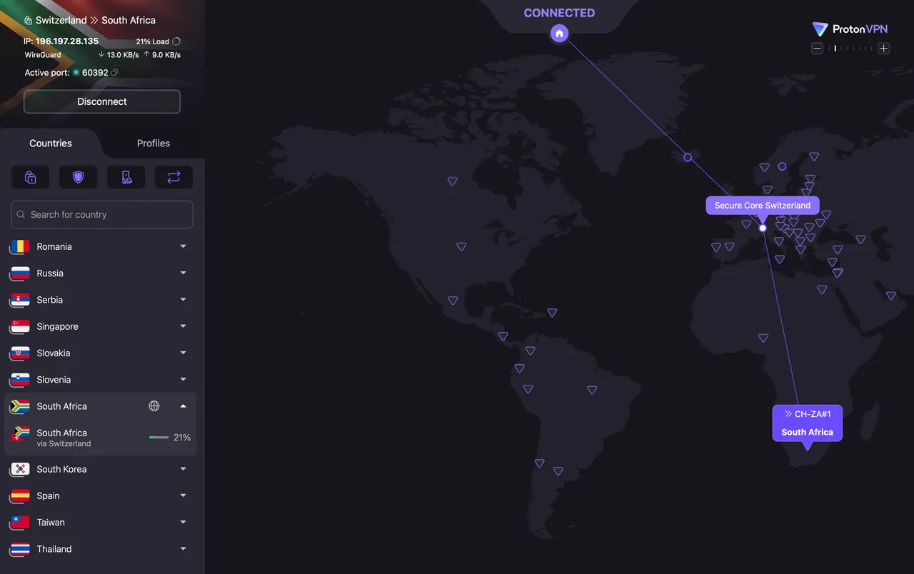 ProtonVPN Secure Core multi-hop on the Mac app, routed through Switzerland to South Africa
