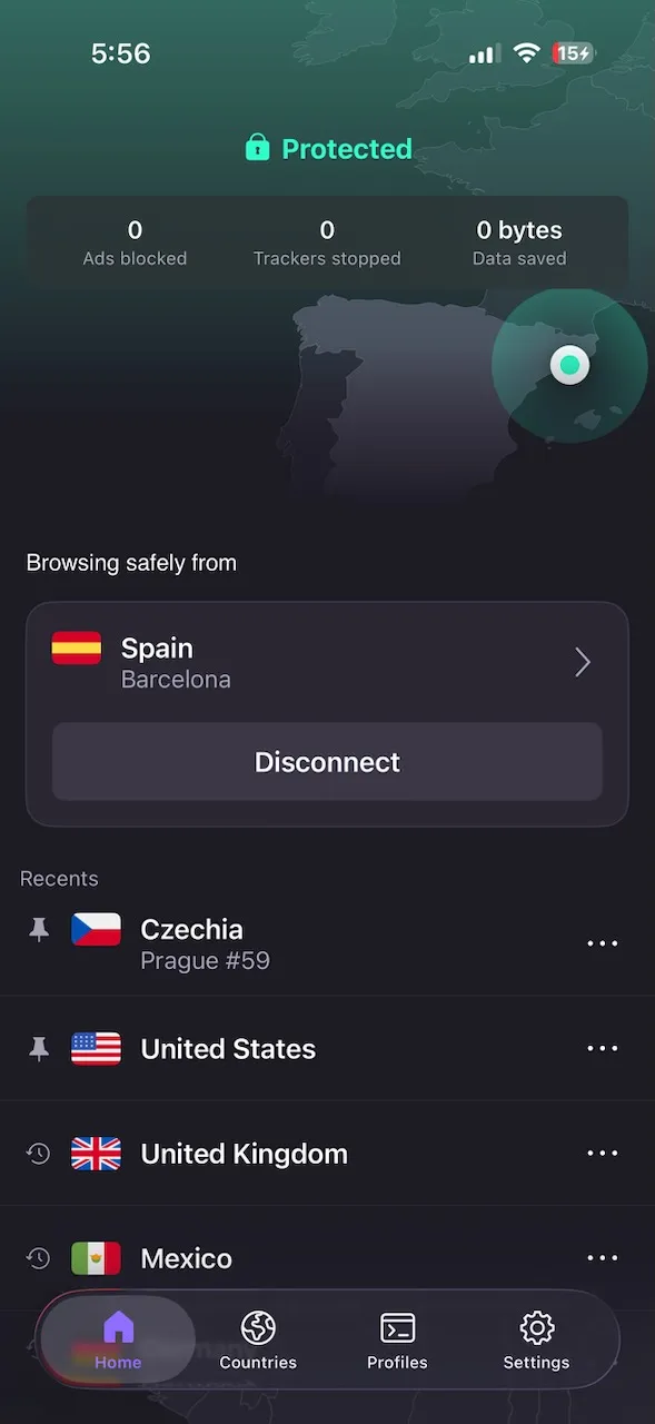 ProtonVPN iPhone app connected to a server in Barcelona, Spain