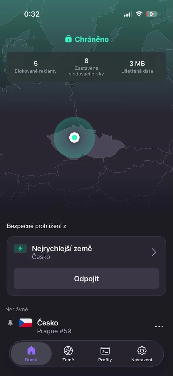 ProtonVPN iPhone app connected to a server in Czechia, shown on the home screen map