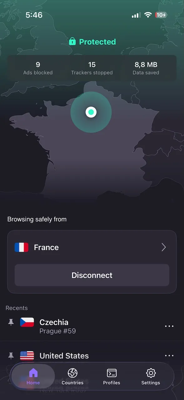 ProtonVPN iPhone app connected to a server in France, shown on the world map
