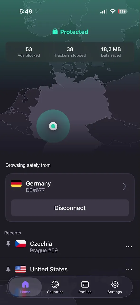 ProtonVPN iPhone app connected to a server in Germany, shown on the world map