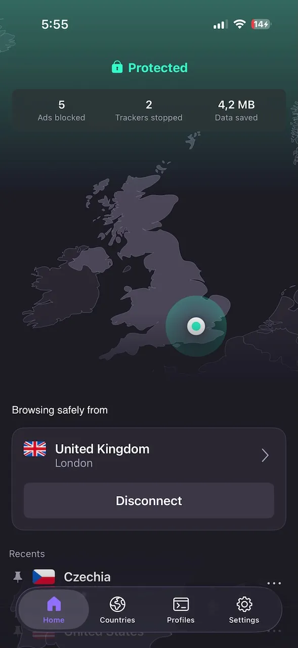ProtonVPN iPhone app connected to a server in London, United Kingdom