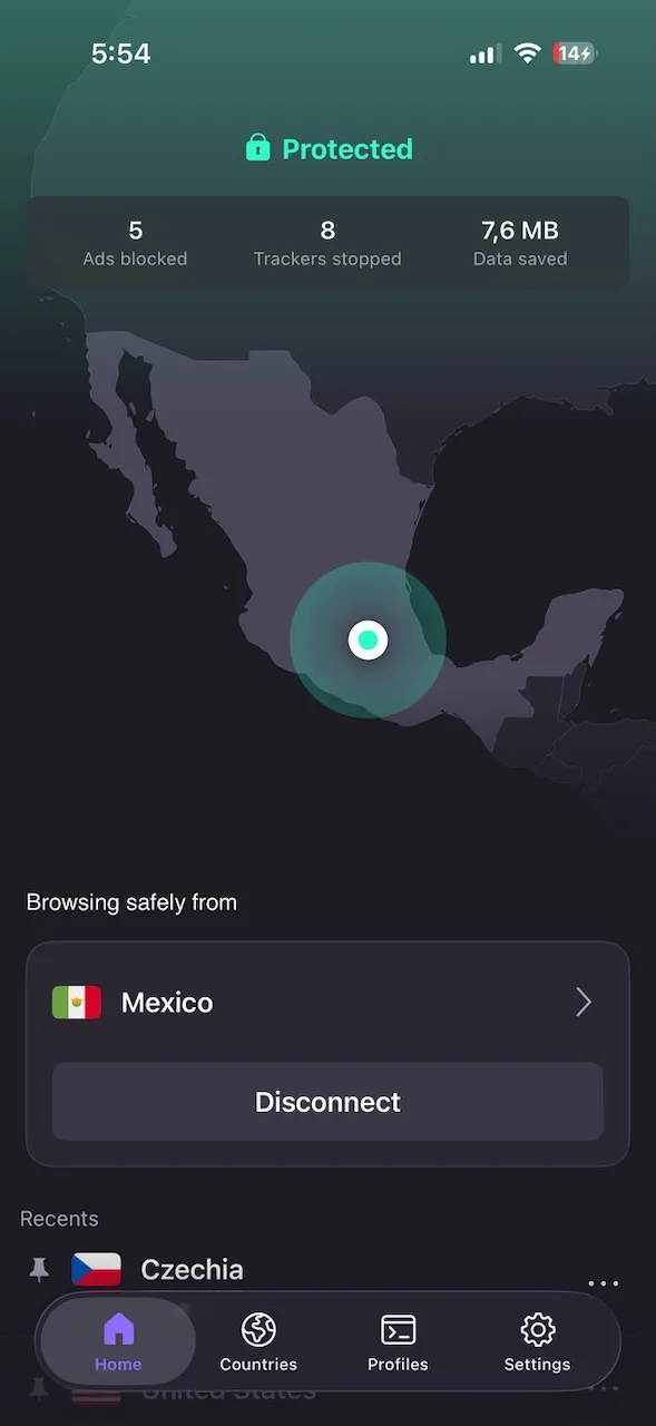 ProtonVPN iPhone app connected to a server in Mexico with NetShield showing blocked ads and trackers