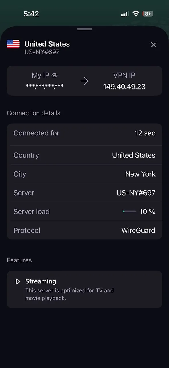 ProtonVPN iPhone app connected to a streaming-optimized server in New York, United States