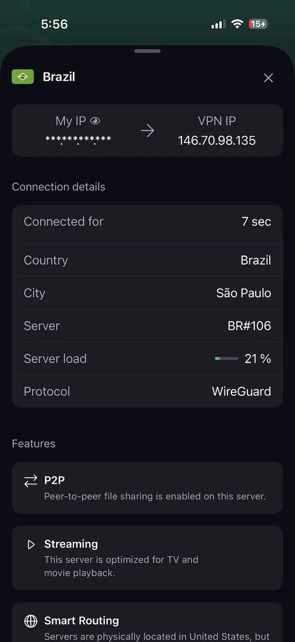 ProtonVPN iPhone app connection details for a server in São Paulo, Brazil with streaming and Smart Routing