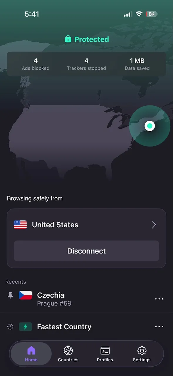 ProtonVPN iPhone app connected to a server in the United States, shown on the world map