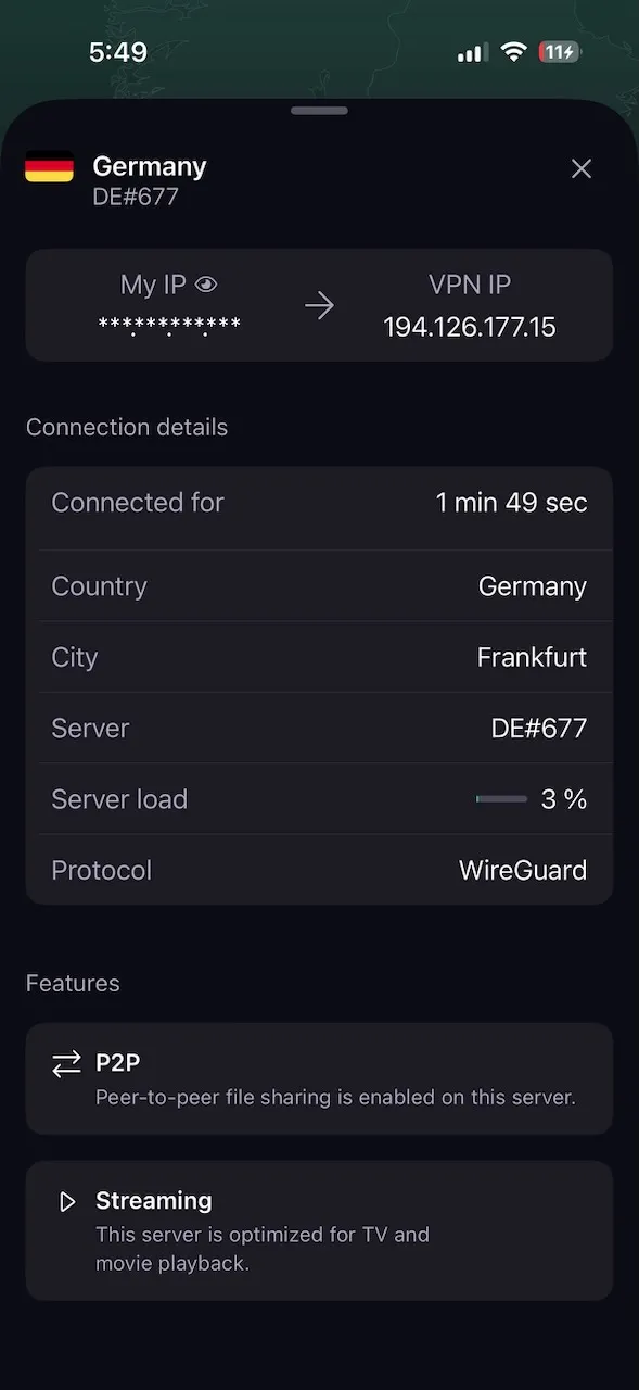 ProtonVPN iPhone app connection details for a server in Frankfurt, Germany