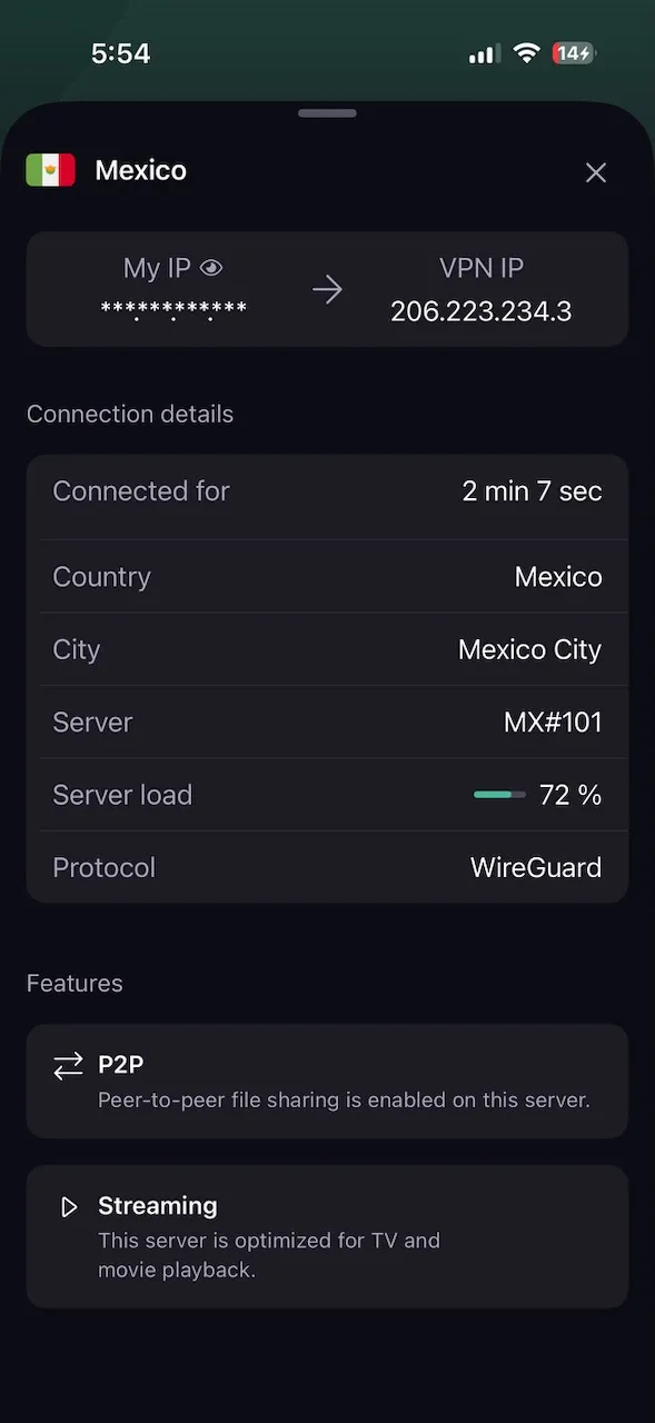 ProtonVPN iPhone app connection details for a server in Mexico City, Mexico