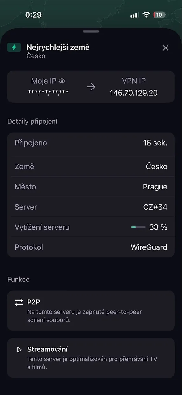 ProtonVPN iPhone app connection details for a Prague server in Czechia with P2P and streaming enabled